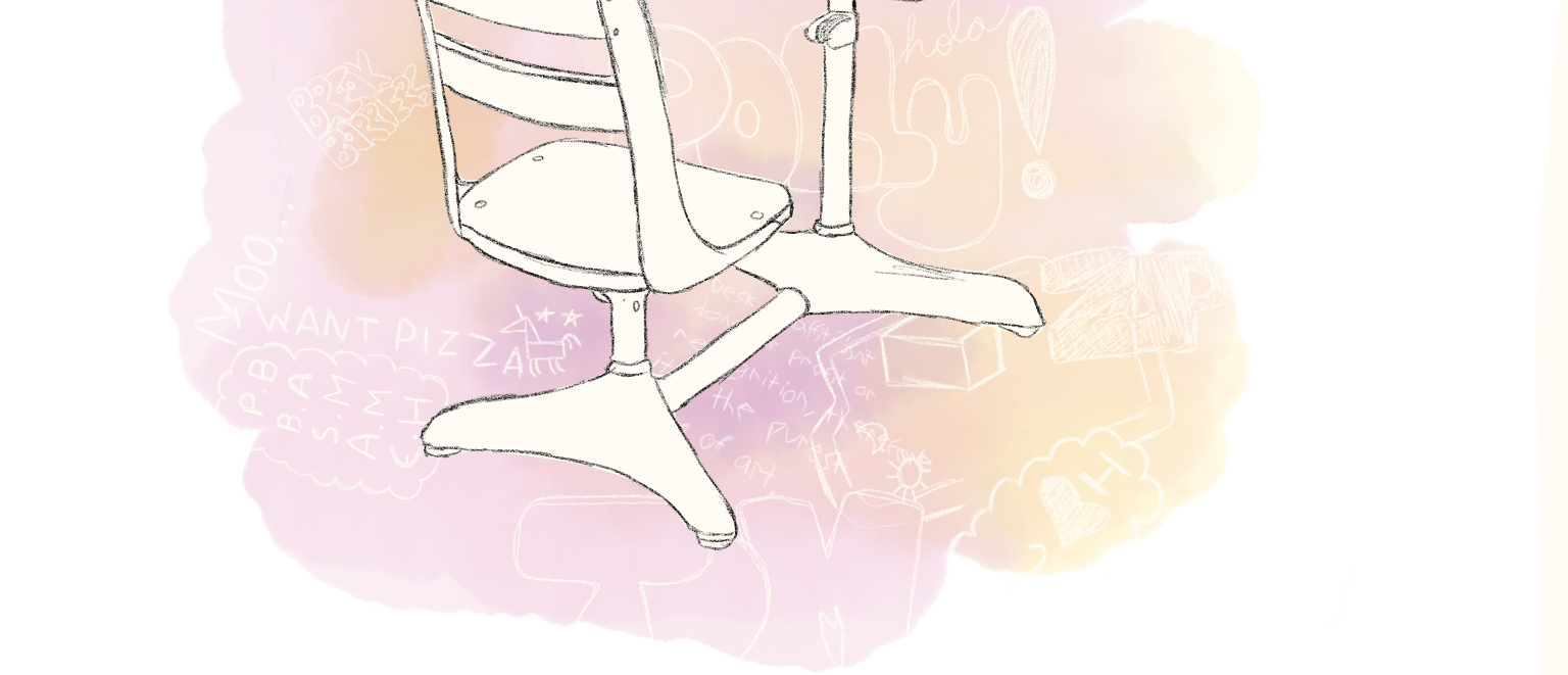 the lower portion of a desk with doodles and watercolor in the background